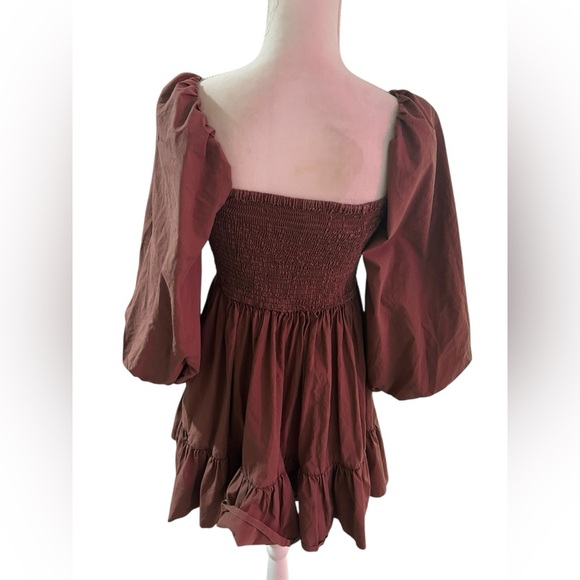 Anthropologie Mare Mare bohemian chocolate Brown Puff Sleeve mini Dress - Picture 6 of 9